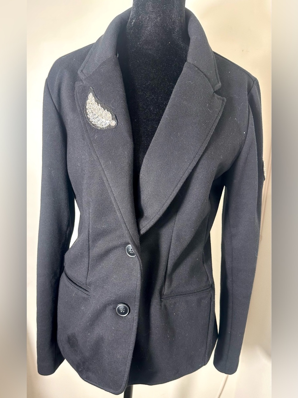 Miller Wendt Women’s Black Knit Blazer Peace Heart Metallic Patch Jacket Small